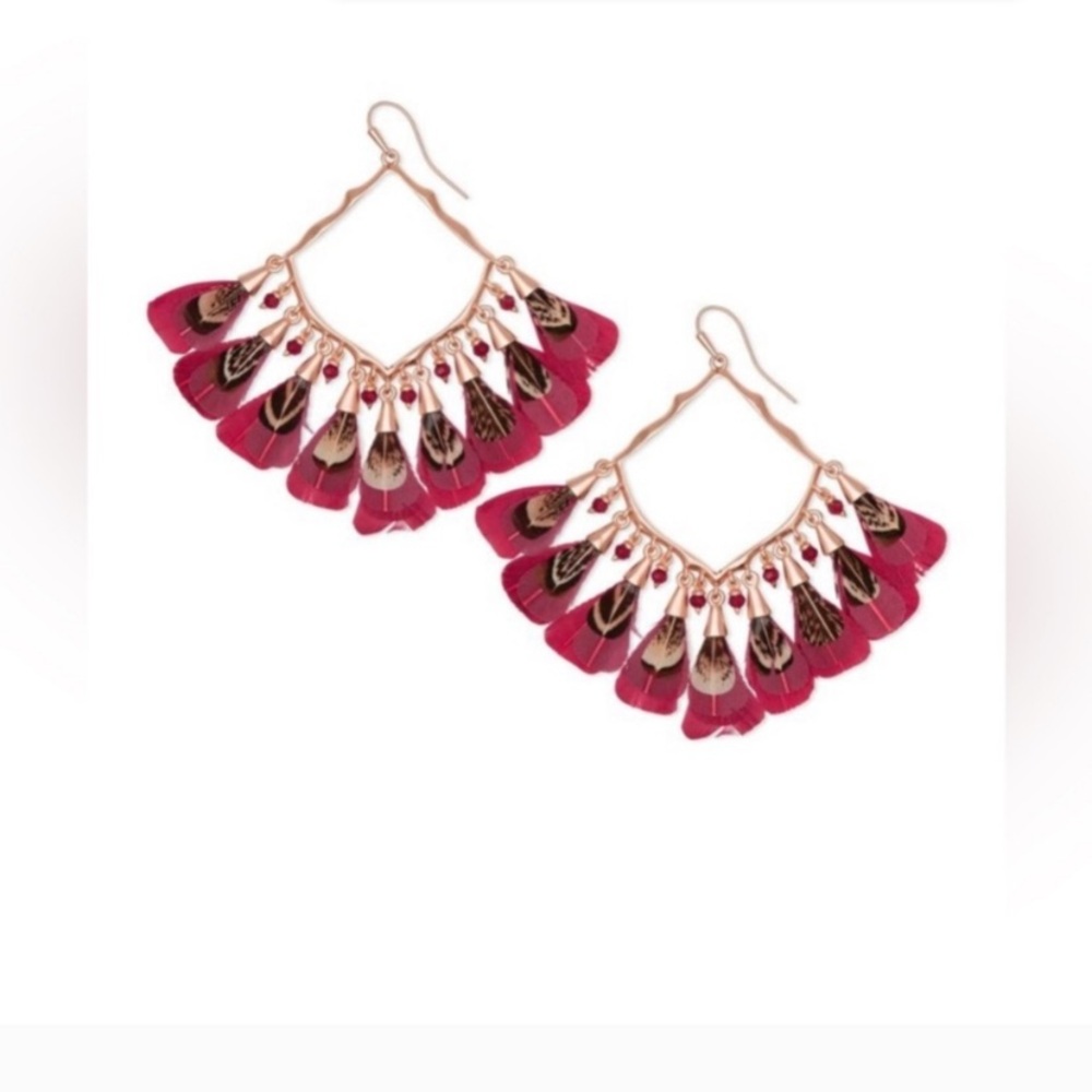 Kendra Scott Rose Gold Raven Earrings with Maroon Feathered Accents